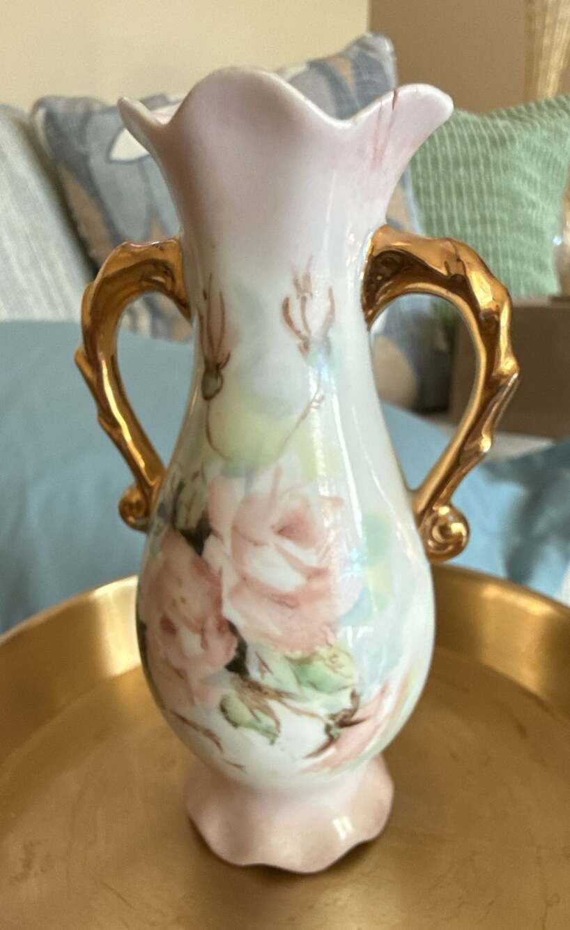 P. Derrick Signed 1966 VTG Hand Painted Rose Porcelain Double Handled Vase
